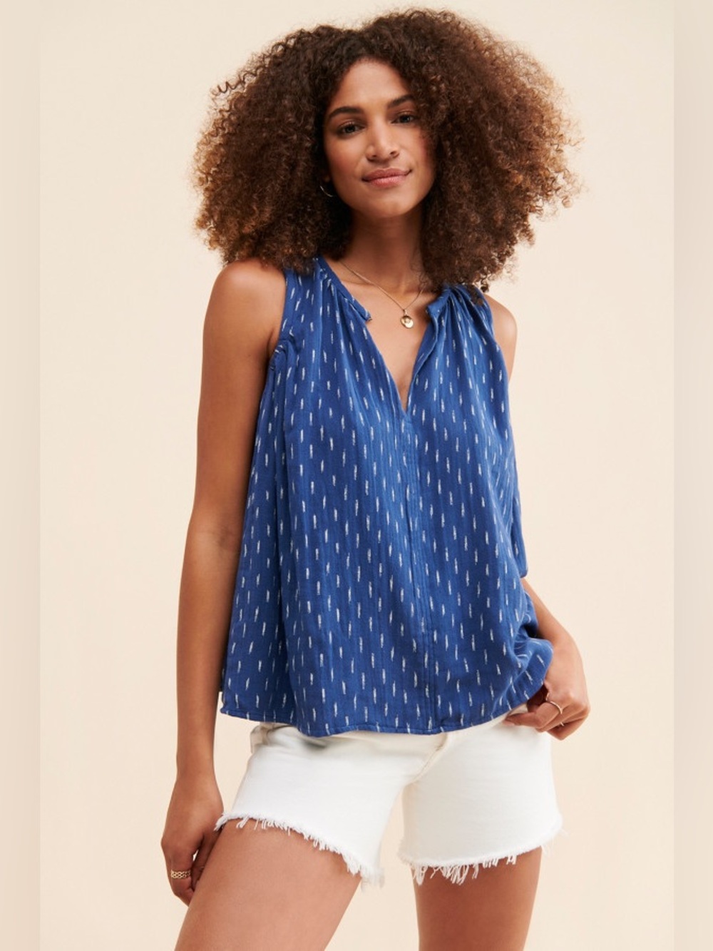 Faherty Blue Sleeveless V-Neck Print Blouse